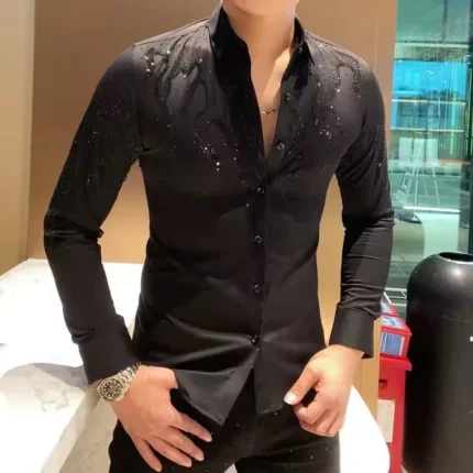 New Luxury Men Breasted Rhinestones Fashion Button-Down Shirt High Quality